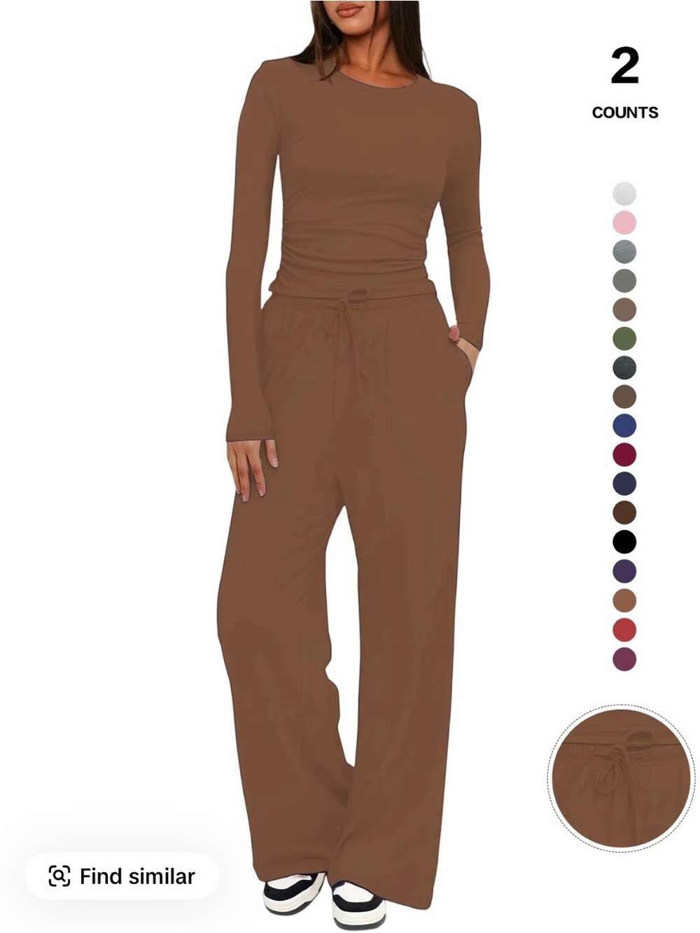 Women's Wide-Leg Drawstring Pants Set - Brown